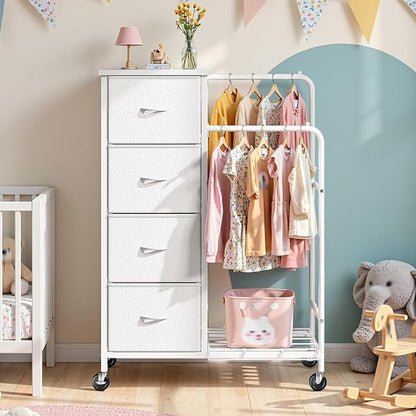 47.3" H Dresser with Hanging Rack, 4 Fabric Drawers with Double Clothes Rack & Wheels, Tall Closet Organizer Dresser for Bedroom, Entryway, White, 15.8" D x 29.9" W x 47.3" H