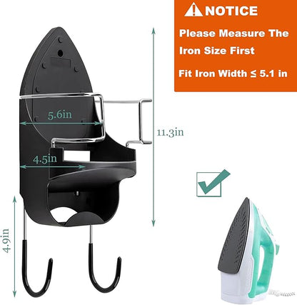 DOUBLE 2 C Ironing Board Hanger Wall Mount Electric Iron Holder Iron and Ironing Board Storage Organizer Shelf with Removable Hooks for Household Bathroom Laundry Room (Black)