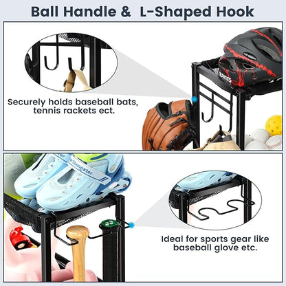 Kinghouse Garage Sports Equipment Organizer with 37 Gal Ball Storage Bin, Sports Rack with Hooks Elastic Straps for Basketball, Soccer, Tennis, Stick, Racket, Nerf Gun, Toy, Indoor, Outdoor