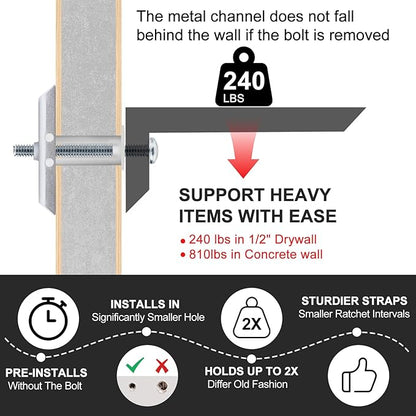 Drywall Anchor with Included Bolts for 3/16”-24, Heavy Duty Hollow Drywall Anchors for TV Mounting Kit, Stainless Steel Hollow Wall Anchors Holds up to 240 lbs Each in 1/2-in Drywall-14 Pack
