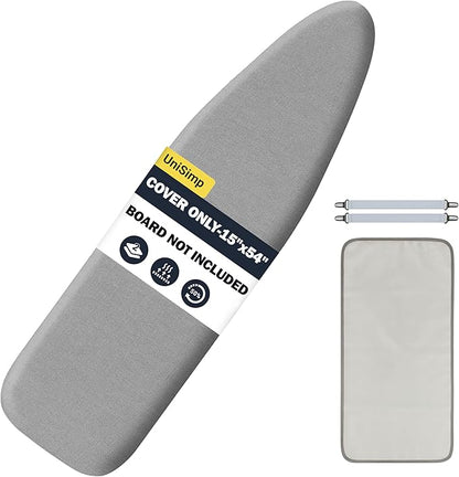 Ironing Board Cover and Pad 15"x54" Extra Thick Natural Cotton, Scorch and Stain Resistant Padding, Standard Size Iron Board Cover with Fasteners Heavy Duty Elastic Edge, Heatproof Gray