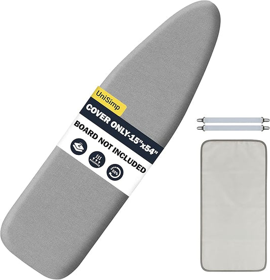 Ironing Board Cover and Pad 15"x54" Extra Thick Natural Cotton, Scorch and Stain Resistant Padding, Standard Size Iron Board Cover with Fasteners Heavy Duty Elastic Edge, Heatproof Gray