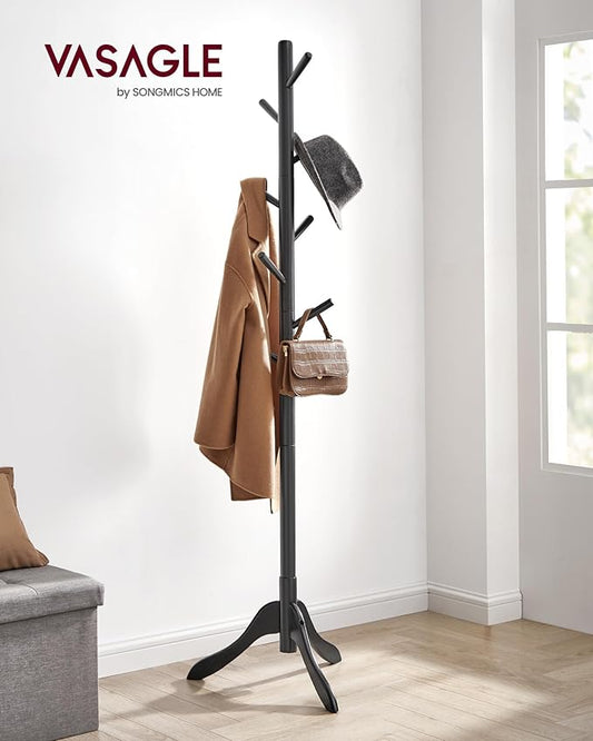 VASAGLE Solid Wood Coat Rack, Free Standing Tree-Shaped Coat Rack with 8 Hooks, 3 Height Options, for Clothes, Hats, Bags, Living Room, Bedroom, Home Office, Ink Black URCR001B01