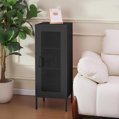 Slim Metal Storage Cabinet with Mesh Doors - 42'' Tall Narrow Organizer Tower, Compact Freestanding Cabinet, Versatile Utility Storage for Home, Office, Bedroom, or Kitchen, Durable and Modern Design