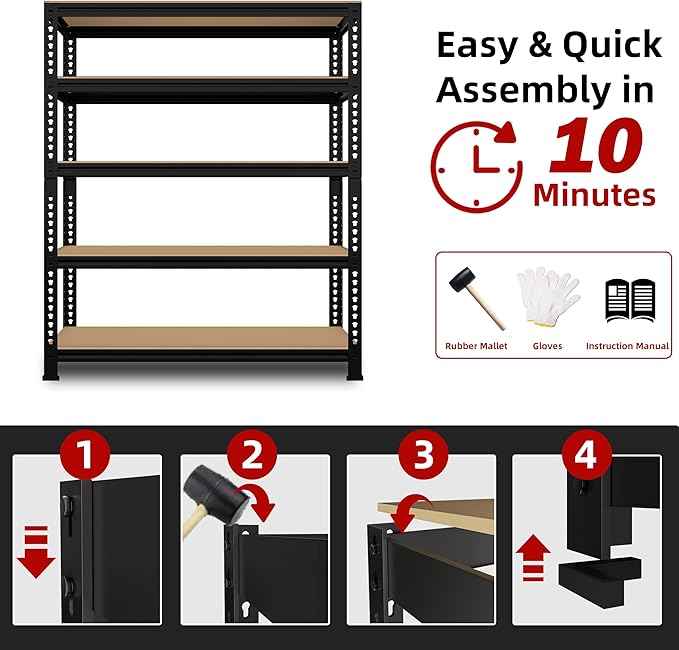 5-Shelf Heavy Duty Shelving - Adjustable Garage Storage Shelves, Metal Utility Storage Racks for Warehouse Pantry Basement Kitchen, Garage Organizers Shef Unit, Black, Packs of 2