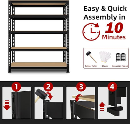 5-Shelf Heavy Duty Shelving - Adjustable Garage Storage Shelves, Metal Utility Storage Racks for Warehouse Pantry Basement Kitchen, Garage Organizers Shef Unit, Black, Packs of 2