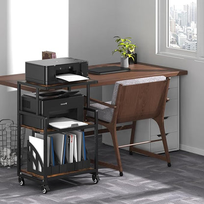 21.3 x 15.7 Inch Printer Stand, 5-Adjustable Heights 3 Tier Printer Cart with Wheels, Mobile Printer Table for Home Office for Storage Heat Press Scanner Fax, Rustic Brown