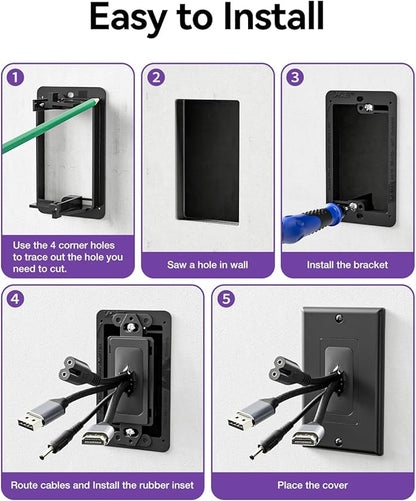 VCELINK Black Single-Gang Wall Plate Cable Pass-Through, Decorator Wall Plate Cover, Flexible Rubber Wall Grommet Insert for Low Voltage Cables, Wall Mount TV & Home Theater System (Black - 2 Pack)