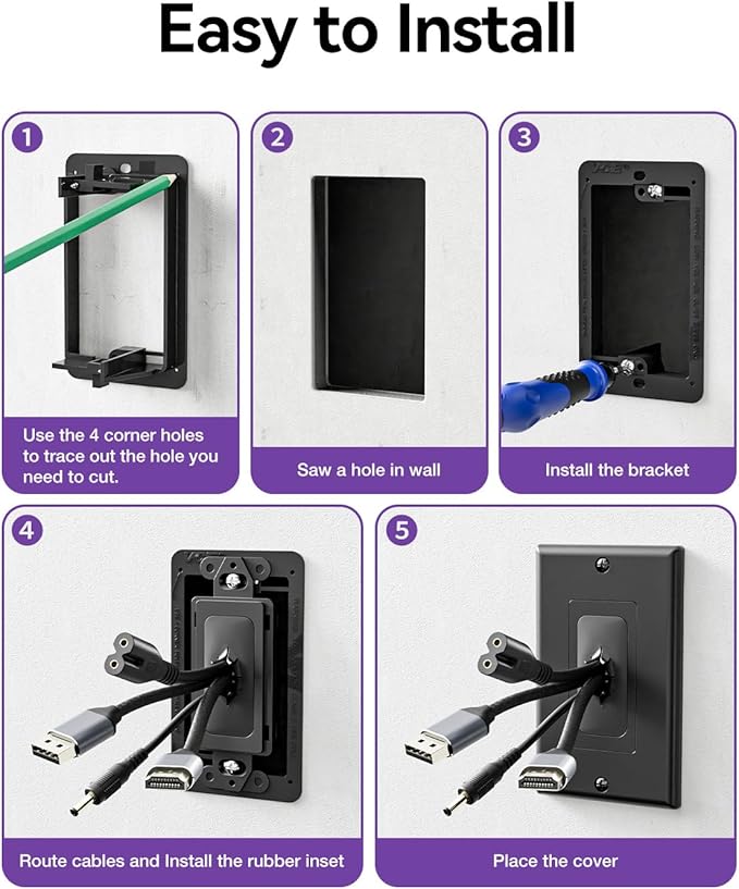 VCELINK Wall Plate Cable Pass Through, Single Gang Decorator Wall Plate Cover, Flexible Rubber Wall Grommets Insert for Low Voltage Cables, Wall Mount TV, Home Theater System, Black-4 Pack