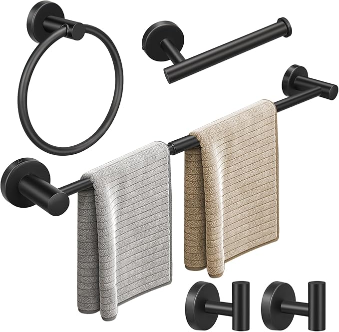 5pcs Matte Black Bathroom Hardware Set, Including 1pcs 24in Retractable Hand Single Towel Bar with 1pcs Toilet Paper Holders, 1pcs Towel Rings 2pcs Multifunctional Robe Hooks