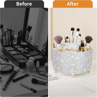 Bling 360° Rotate Makeup Brush Holder Organizer, Makeup Organizers Countertop, Makeup organization and Skincare Storage for Vanity, Gift for Women Girls (Bling dz-White)