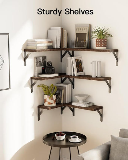 AMADA HOMEFURNISHING Wall Shelves Set of 6, Rustic Farmhouse Floating Shelves for Bedroom, Bathroom & Living Room, Brown