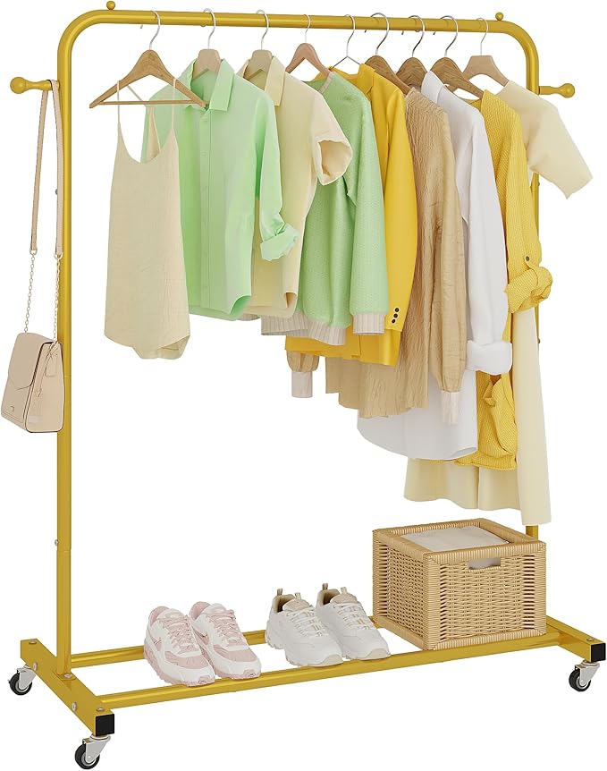 Sywhitta Clothing Rack on Wheels with Storage Shelf & Sturdy Metal Frame, Retail Clothing Rack for Hanging Clothes, Coats, Skirts,Space-Saving Mobile Organizer for Closet, Bedroom, Laundry Room, Gold