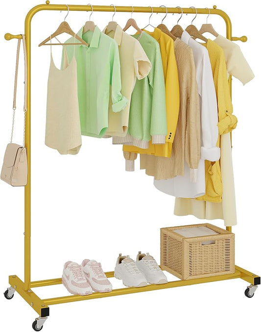 Sywhitta Clothing Rack on Wheels with Storage Shelf & Sturdy Metal Frame, Retail Clothing Rack for Hanging Clothes, Coats, Skirts,Space-Saving Mobile Organizer for Closet, Bedroom, Laundry Room, Gold