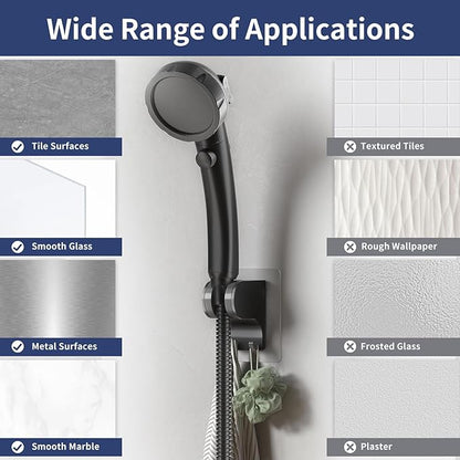 HANLIAN Strong Adhesive Handheld Shower Head Holder Without Drilling, 50° Adjustable Shower Wand Holder Wall Mount with Hooks, Waterproof Hand Held Showerhead Bracket with Hanger(Black, 1 Piece)