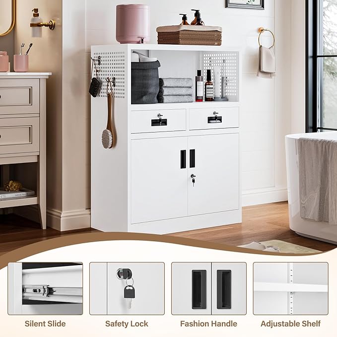Storage Cabinet with Drawers, 41.3" Steel Lockable Storage Cabinet with Doors and Side Pegboard, Metal Cabinet for Garage, School, Home Office, White