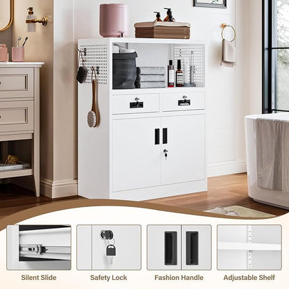 Storage Cabinet with Drawers, 41.3" Steel Lockable Storage Cabinet with Doors and Side Pegboard, Metal Cabinet for Garage, School, Home Office, White