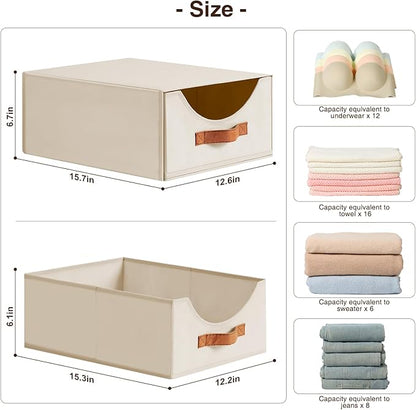 Large Stackable Storage Bins - Fabric Pull-out Closet Shelf Organizer, Linen Closet Organizers and Storage, Decorative Storage Boxes for Bedroom, Office, Dorm, 3 Pack, Beige