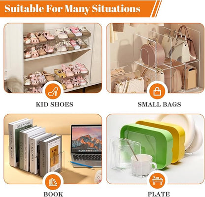 4PACK Clear Acrylic Kids Shoe Rack for Closet Organizers and Storage, Small Clear Shoe Rack 4 Sections Toddler Baby Shoe Storage Organizer Stackable Shoe Shelf,Desk File Sorter Book Purse Organizer