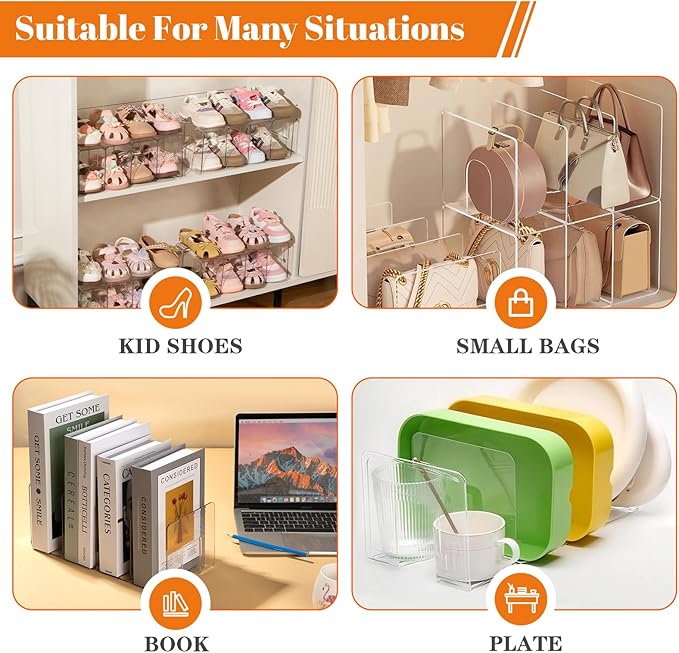 2PACK Clear Acrylic Kids Shoe Rack for Closet Organizers and Storage, Small Clear Shoe Rack 4 Sections Toddler Baby Shoe Storage Organizer Stackable Shoe Shelf,Desk File Sorter Book Purse Organizer