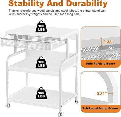 EasyCom 23.6''x18.9'' Extra Large Printer Stand with Drawer, 5-Adjustable Heights 3 Tier Table with Wheels, Rolling Printer Cart with Storage for Printer Scanner Fax Home Office Use
