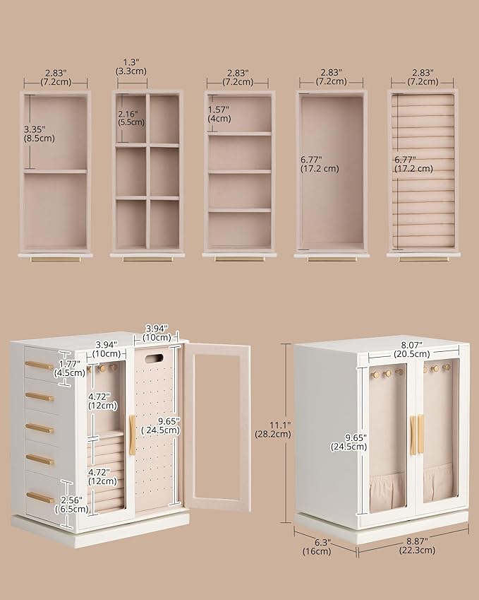 Lolalet Rotating 360° Jewelry Box, Clear Window Jewellery Storage for Earrings Bracelets Necklaces Rings, Large Vertical Organizer for Women, Valentine's Day Gift -White