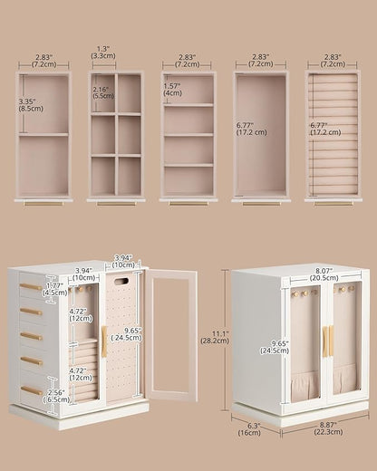 Lolalet Rotating 360° Jewelry Box, Clear Window Jewellery Storage for Earrings Bracelets Necklaces Rings, Large Vertical Organizer for Women, Valentine's Day Gift -White