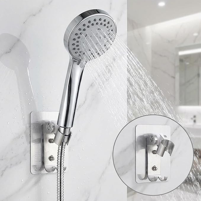Adhesive Shower Head Holder with 2 Hanger Hooks, Adjustable Shower Wand Holder, Showers Head Holders Wall Mount with Hanger Hooks, No Drill Space Aluminum Showers Wand Stand
