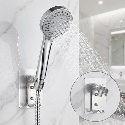Adhesive Shower Head Holder with 2 Hanger Hooks, Adjustable Shower Wand Holder, Showers Head Holders Wall Mount with Hanger Hooks, No Drill Space Aluminum Showers Wand Stand