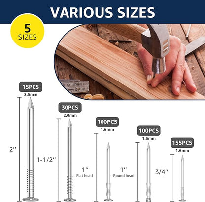 TJBORJT 400pcs Hardware Nails for Hanging Pictures,Up to 2 inch long, Finishing Nails Assortment Kit for Wall Art Decor, Small Nails for home use,5 sizes Picture Hanging Nails, Wall Nails,Wood Nails