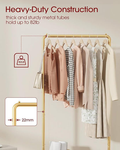 Clothes Rack - Clothing Rack with Storage Mesh Shelf & Casters, Heavy-Duty Metal Clothing Rack for Hanging Clothes, Dresses, Coats, Large Load Capacity, Easy Assembly, Gold, 28.0"x16.9"x59.0"