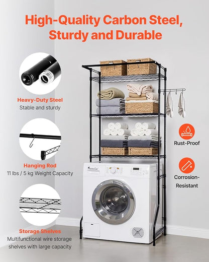VEVOR Over The Washer and Dryer Storage Shelf, 3 Tier Laundry Room Drying Rack with Hanger Rod and Hooks, Adjustable Over Washer and Dryer Shelves, Laundry Room Shelf Storage Space Saver, Black