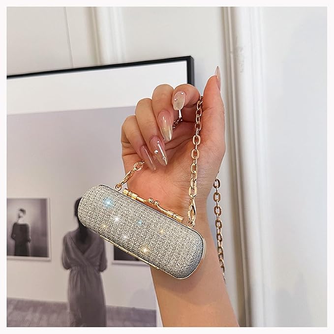 MIAO JIN Mini Crystal Lipstick Case Bling Rhinestone Cosmetic Storage bag with Metal chain Lipstick Storage Holder Makeup jewelry case（Silver）