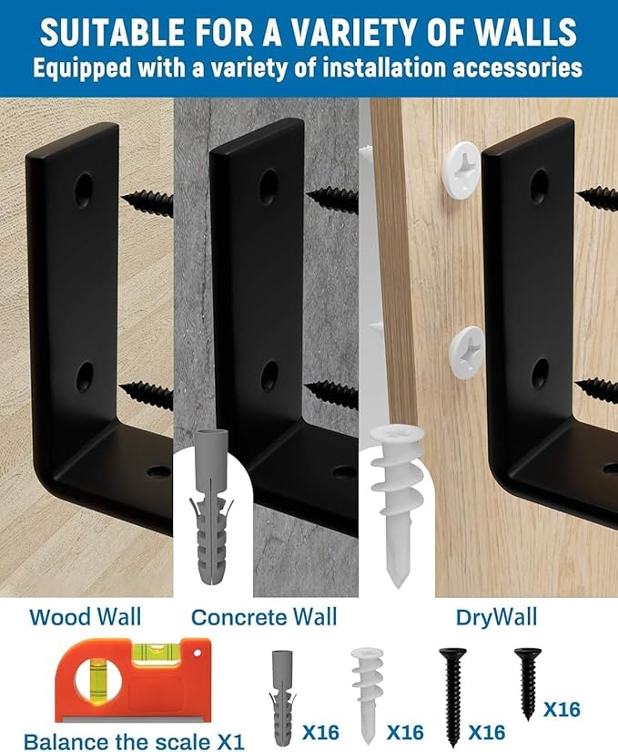 LEOPO 8 inch Shelf Brackets 8-Pack ,1/5 inch Thick Heavy Duty Industrial Bracket for DIY Floating Shelf Support, Black Coated Wall Shelf Support, 7.25” x 4” x 1.5”