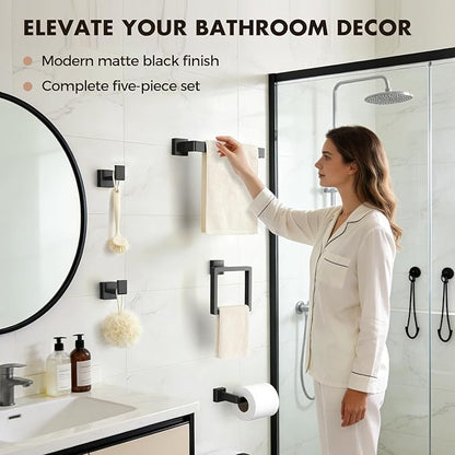 Bathroom Accessories Towel Bar Set: 10 Pieces Matte Black Bathroom Hardware Square SUS304 Stainless Steel - Wall Mounted Towel Rack&Toilet Paper Holder&Towel Ring and Towel Hook