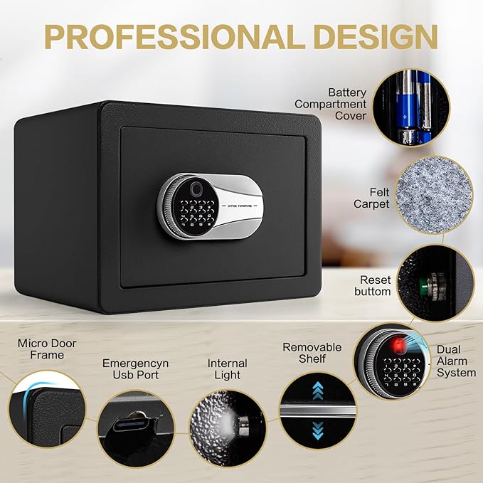 0.6 Cubic Feet Biometric Safe, Fingerprint Safe W/Fireproof Bag, Removable Shelf, Alarm System, Digital Electronic Money Box for Cash, Document, Home, Hotel Use, Black, 9.84"D x 13.78"W x 9.84"H