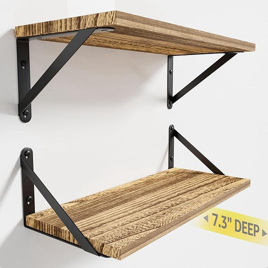 Wall Shelves 7.3" Deep Set of 2, Solid Paulownia Wood Wider Longer Sturdy Easy to Install Wall Mounted Bookshelves Storage Shelves Bathroom Home Office Laundry Room Bedroom Organizer