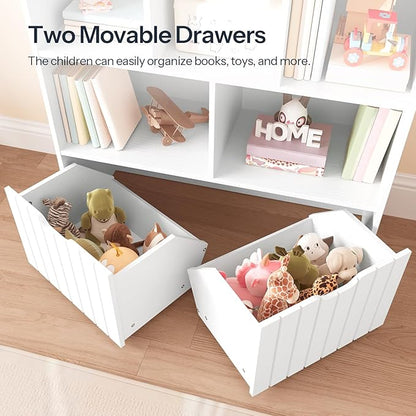 HOOBRO Toy Storage Organizer, Toy Organizers and Storage with 2 Movable Drawers and 5 Cubbies, Toy Chest Shelf for Books or Dolls, Kids Bookshelf and Toy Storage for Playroom, White WT88CW01