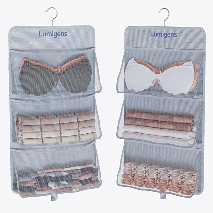2 pack Hanging Closet Organizer with Pockets, Sock & Underwear Organizer, Bra Organizer for Closet Storage with 360° Rotating Hook, Space Saving Hanging Storage for Closet, Bedroom, RV