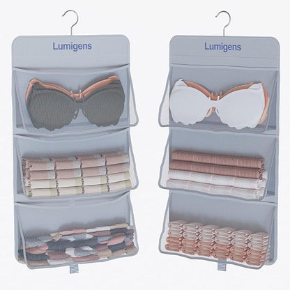 2 pack Hanging Closet Organizer with Pockets, Sock & Underwear Organizer, Bra Organizer for Closet Storage with 360° Rotating Hook, Space Saving Hanging Storage for Closet, Bedroom, RV