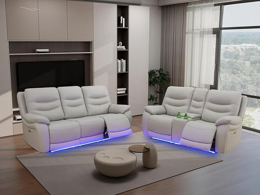 Power Recliner Sofa Set with LED Light, Living Room Furniture Sets,Light Grey Breathing Leather Sectional Reclining Sofa Chair with 3 Recliner Seats/Cup Holder/USB Port for Living Room,Office