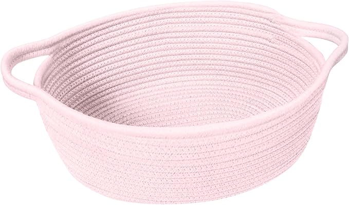 Small Woven Gift Basket, Baskets for Gifts Empty, Cotton Rope Cat Dog Toy Box, Nursery Baby Organizer with Handles, Cute Wicker Storage Bin for Home Decor, Light Pink, 12"x 8"x 5"