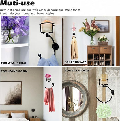 Hand Towel Holder, Matt Black Hand Towel Ring for Bathroom Wall Mounted, Heavy Duty Towel Hook with Candle Holder for Bathroom Wall Decoration