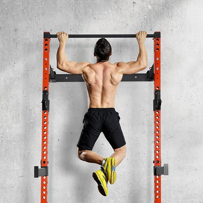 RitFit 2.36'' x 2.36'' Folding Squat Rack for Home Gym, Wall Mounted Squat Rack with Attachments - Space Saving Squat Power Rack
