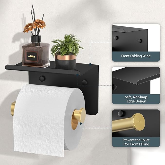 Toilet Paper Holder with Shelf, Adhesive or Screw Wall Mount Toilet Paper Roll Holder for Bathroom, Rustproof 304 Toilet Roll Tissue Holder Dispenser with Phone Shelf (1, Matte Black & Brushed Gold)