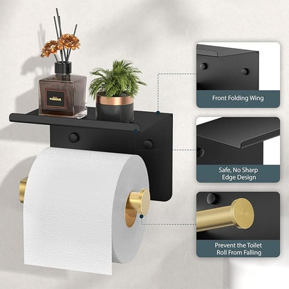 Toilet Paper Holder with Shelf, Adhesive or Screw Wall Mount Toilet Paper Roll Holder for Bathroom, Rustproof 304 Toilet Roll Tissue Holder Dispenser with Phone Shelf (1, Matte Black & Brushed Gold)