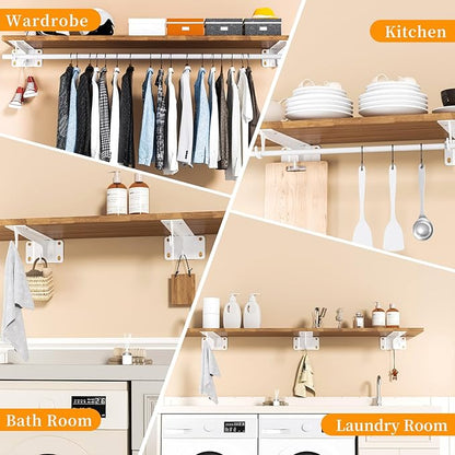 Closet Rod Bracket White WYGWP 11 inch Heavy Duty Shelf Brackets with Rod Holder Supports 200lbs,Sturdy Closet Shelves Wall Mounted for DIY Home and Closet Decor