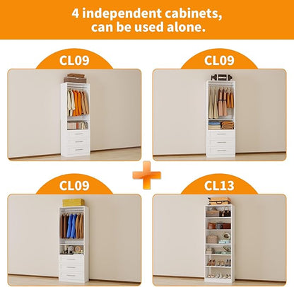 Closet System with 4 Sets, 8FT Closet Organizer Systems with 9 Wooden Drawers 9 Shelves & 5 Hanging Rods, Walk in Closet freestanding Small Corner Modular Closet Storage System White (8FT)