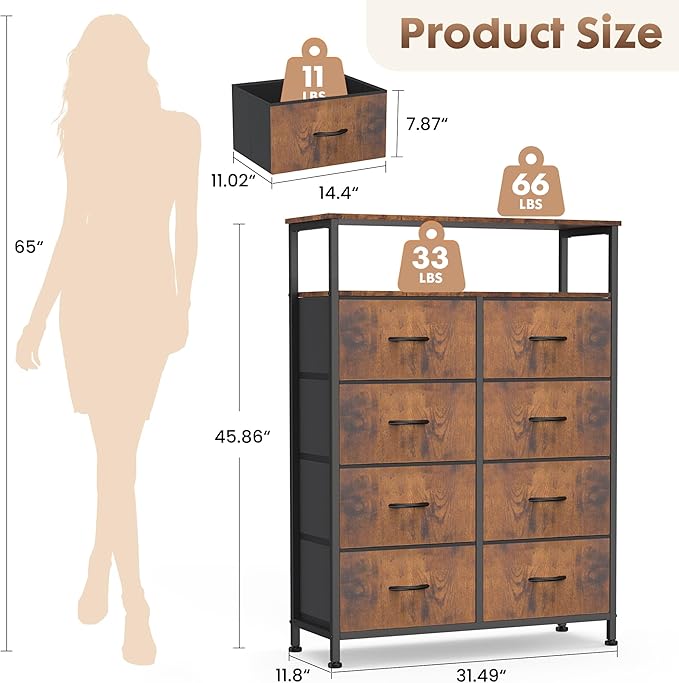 DUMOS Fabric Dresser for Bedroom with 8 Drawers, Tall 8-Drawer Chest of Drawers with Raised Shelf, Storage Tower with Fabric Bins for Closet Organization, Hallway Storage, Brown