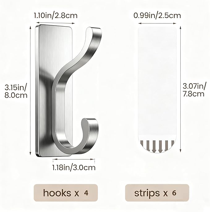 pickpiff Wall Hooks with Adhesive Strip- Easy to Remove, No Residue, Strong Heavy Duty Sticky Towel Hook, 4 Pack Silver